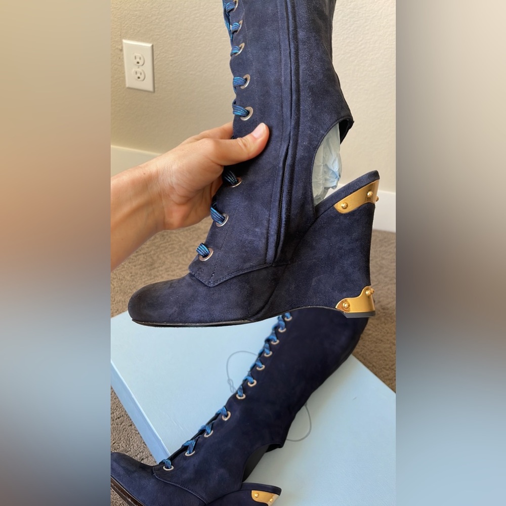 PRADA DARK BLUE LACED KNEW OPEN HEEL BOOTS SIZE 6.5 (36.5 Italian size) - Picture 13 of 17